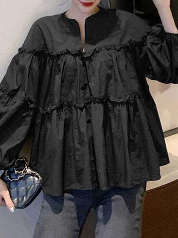 Women Cute Long Puff Sleeve Blouse Autumn Spring Eelgant Shirts Ruffles Kawaii Tops Casual Loose Clothes in Saudi Arabia