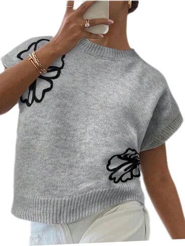 Floerns Women's Flower Floral Knit Dolman Cap Short Sleeve Crew Neck Pullover Sweaters Tops Fall Outfits Loose Fit in Saudi Arabia