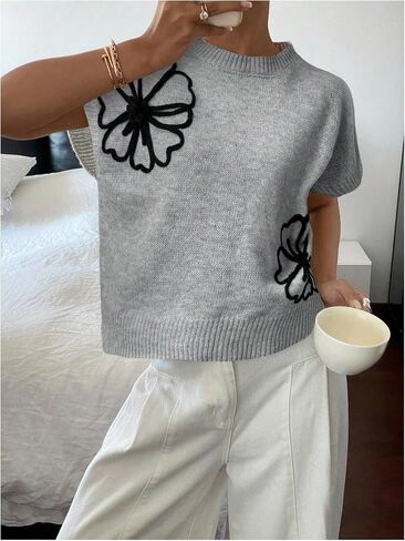 Floerns Women's Flower Floral Knit Dolman Cap Short Sleeve Crew Neck Pullover Sweaters Tops Fall Outfits Loose Fit in Saudi Arabia