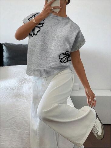 Floerns Women's Flower Floral Knit Dolman Cap Short Sleeve Crew Neck Pullover Sweaters Tops Fall Outfits Loose Fit in Saudi Arabia