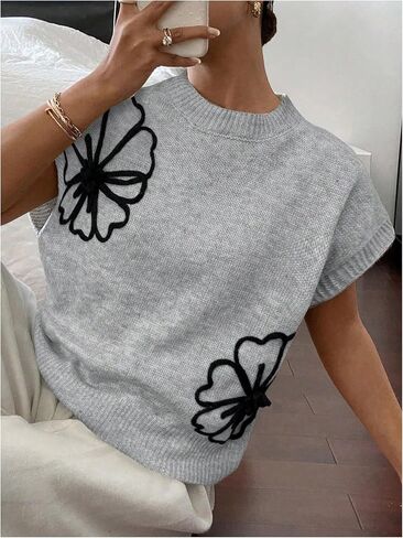 Floerns Women's Flower Floral Knit Dolman Cap Short Sleeve Crew Neck Pullover Sweaters Tops Fall Outfits Loose Fit in Saudi Arabia