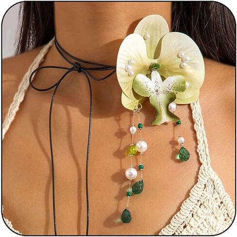 Bethynas Boho Orchid Flower Choker Necklace with Beads Pendant Artificial Floral Long Suede Rope Wrap Collar Necklace Hawaiian Beach Party Neck Accessory for Women in Saudi Arabia