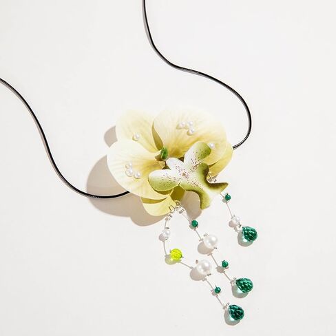 Bethynas Boho Orchid Flower Choker Necklace with Beads Pendant Artificial Floral Long Suede Rope Wrap Collar Necklace Hawaiian Beach Party Neck Accessory for Women in Saudi Arabia