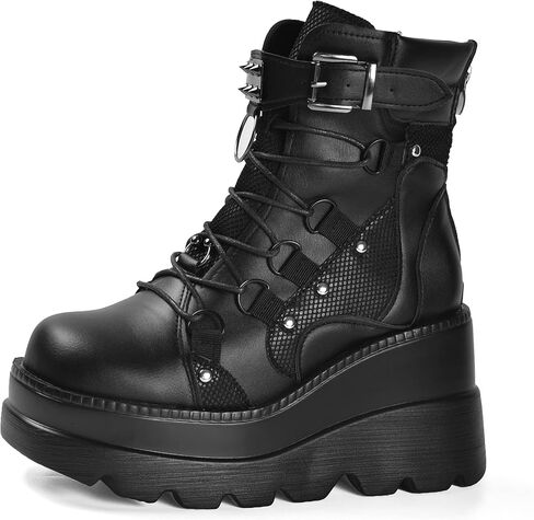 Gothniero Platform Goth Ankle Boots for Womem Black Holographic Combat Chunky Heel Boots with Side Zip Lace Up Wedge Booties US5.5-11 in Kuwait