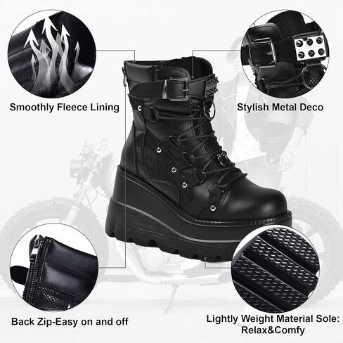 Gothniero Platform Goth Ankle Boots for Womem Black Holographic Combat Chunky Heel Boots with Side Zip Lace Up Wedge Booties US5.5-11 in Kuwait