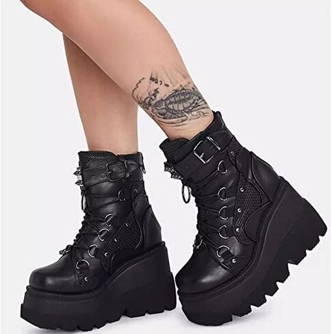 Gothniero Platform Goth Ankle Boots for Womem Black Holographic Combat Chunky Heel Boots with Side Zip Lace Up Wedge Booties US5.5-11 in Kuwait