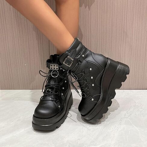 Gothniero Platform Goth Ankle Boots for Womem Black Holographic Combat Chunky Heel Boots with Side Zip Lace Up Wedge Booties US5.5-11 in Kuwait