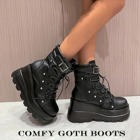 Gothniero Platform Goth Ankle Boots for Womem Black Holographic Combat Chunky Heel Boots with Side Zip Lace Up Wedge Booties US5.5-11 in Kuwait
