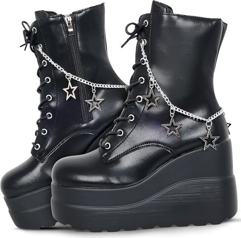 Gothniero Platform Goth Ankle Boots for Womem Black Holographic Combat Chunky Heel Boots with Side Zip Lace Up Wedge Booties US5.5-11 in Kuwait