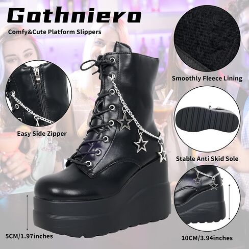 Gothniero Platform Goth Ankle Boots for Womem Black Holographic Combat Chunky Heel Boots with Side Zip Lace Up Wedge Booties US5.5-11 in Kuwait