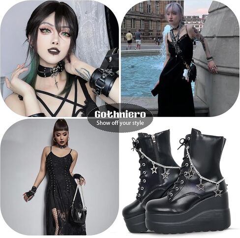 Gothniero Platform Goth Ankle Boots for Womem Black Holographic Combat Chunky Heel Boots with Side Zip Lace Up Wedge Booties US5.5-11 in Kuwait