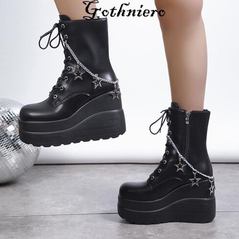 Gothniero Platform Goth Ankle Boots for Womem Black Holographic Combat Chunky Heel Boots with Side Zip Lace Up Wedge Booties US5.5-11 in Kuwait