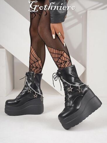Gothniero Platform Goth Ankle Boots for Womem Black Holographic Combat Chunky Heel Boots with Side Zip Lace Up Wedge Booties US5.5-11 in Kuwait