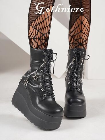 Gothniero Platform Goth Ankle Boots for Womem Black Holographic Combat Chunky Heel Boots with Side Zip Lace Up Wedge Booties US5.5-11 in Kuwait