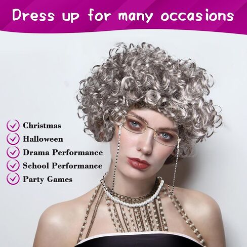 MAQIHAN Granny Wig Costume Set - White Old Lady Wig with Glasses,Cap and Faux Pearl Necklace,Elderly Woman Accessories for Halloween,Theatre,Cosplay,Dress Up Parties in Saudi Arabia