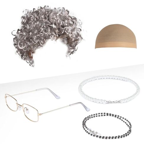 MAQIHAN Granny Wig Costume Set - White Old Lady Wig with Glasses,Cap and Faux Pearl Necklace,Elderly Woman Accessories for Halloween,Theatre,Cosplay,Dress Up Parties in Saudi Arabia