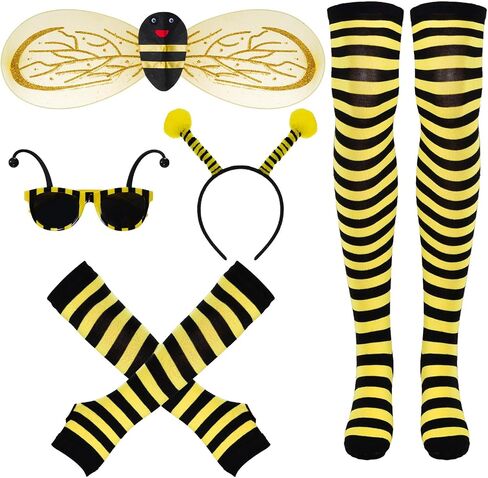 baotongle 5pcs Bee Costume Set for Women Girls Bee Wings Antenna Headband with Yellow Sunglasses Striped Knee Thigh High Socks Arm Warmer Long Gloves for Mardi Gras Carnival Cosplay Hallloween in Saudi Arabia