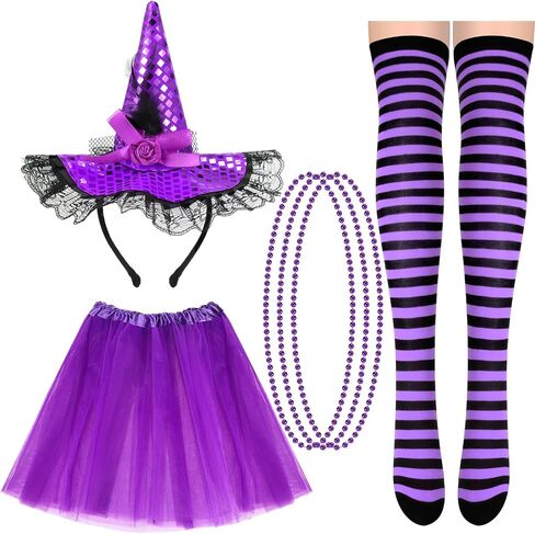 Suhine 4 Pcs Halloween Witch Costume Set for Women Halloween Witch Headband Tutu Necklace Striped Sock Accessories for Party in Saudi Arabia