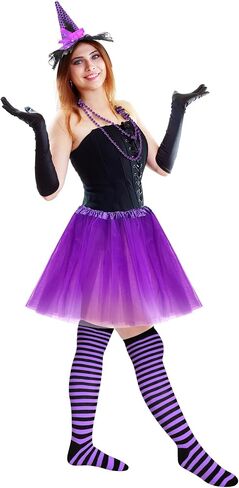 Suhine 4 Pcs Halloween Witch Costume Set for Women Halloween Witch Headband Tutu Necklace Striped Sock Accessories for Party in Saudi Arabia
