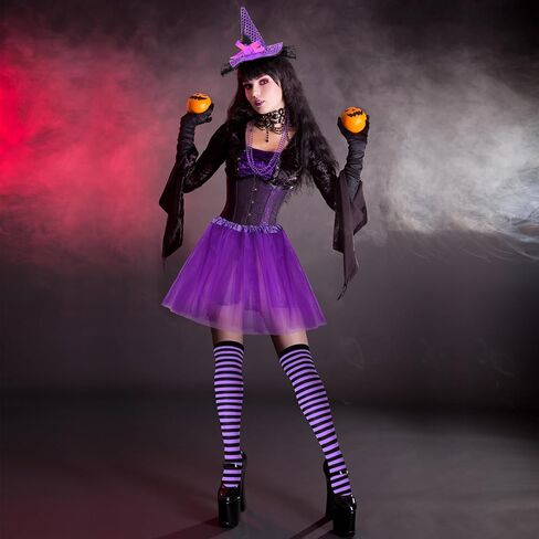 Suhine 4 Pcs Halloween Witch Costume Set for Women Halloween Witch Headband Tutu Necklace Striped Sock Accessories for Party in Saudi Arabia