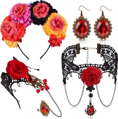 4 Pcs Day of The Dead Costume Accessories Kit for Women Mexican Rose Flower Crown Headband Black Lace Gothic Choker Necklace Bracelet Earrings for Halloween Dia De Los Muertos Costume Party in Saudi Arabia