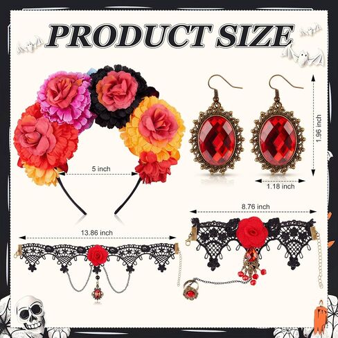 4 Pcs Day of The Dead Costume Accessories Kit for Women Mexican Rose Flower Crown Headband Black Lace Gothic Choker Necklace Bracelet Earrings for Halloween Dia De Los Muertos Costume Party in Saudi Arabia
