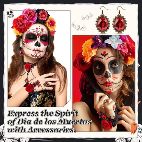 4 Pcs Day of The Dead Costume Accessories Kit for Women Mexican Rose Flower Crown Headband Black Lace Gothic Choker Necklace Bracelet Earrings for Halloween Dia De Los Muertos Costume Party in Saudi Arabia