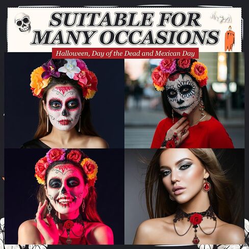 4 Pcs Day of The Dead Costume Accessories Kit for Women Mexican Rose Flower Crown Headband Black Lace Gothic Choker Necklace Bracelet Earrings for Halloween Dia De Los Muertos Costume Party in Saudi Arabia