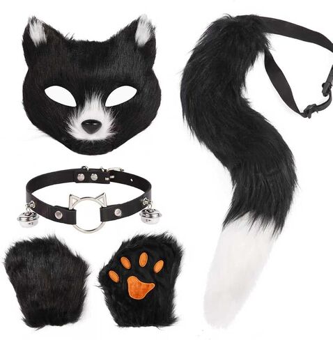 4 Pcs Faux Fur Therian Mask and Tail Set for Women Halloween Furry Cat Ears Fox Mask Paw Tail Choker Cos Accessories in Saudi Arabia