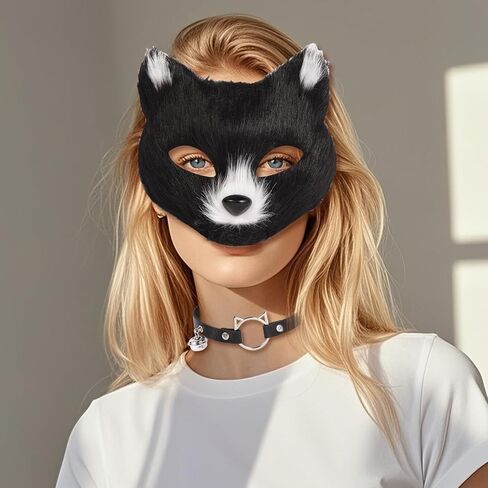 4 Pcs Faux Fur Therian Mask and Tail Set for Women Halloween Furry Cat Ears Fox Mask Paw Tail Choker Cos Accessories in Saudi Arabia