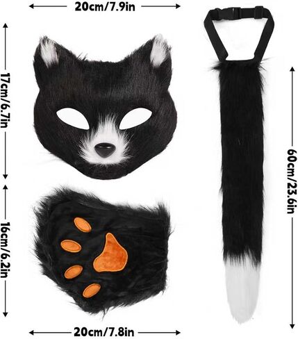 4 Pcs Faux Fur Therian Mask and Tail Set for Women Halloween Furry Cat Ears Fox Mask Paw Tail Choker Cos Accessories in Saudi Arabia