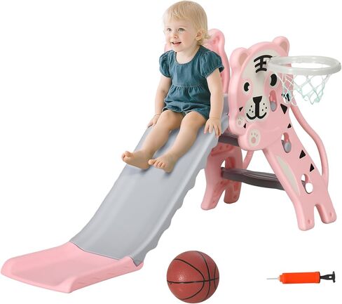 Qaba 2 in 1 Toddler Slide for Indoors, Toy for Toddler, Easy Set Up Baby Slide with Basketball Hoop for Kids 18-36 Months, Blue in Saudi Arabia