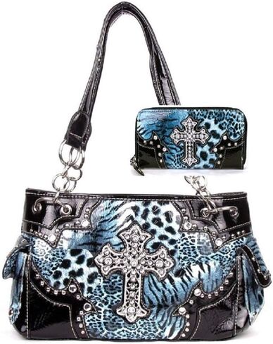 Western Cross Leopard Handbag Rhinestone Pocket Purse With Matching Wallet (BLUE) in Saudi Arabia