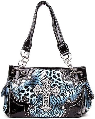Western Cross Leopard Handbag Rhinestone Pocket Purse With Matching Wallet (BLUE) in Saudi Arabia