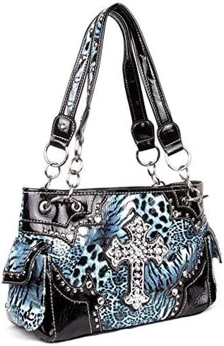 Western Cross Leopard Handbag Rhinestone Pocket Purse With Matching Wallet (BLUE) in Saudi Arabia