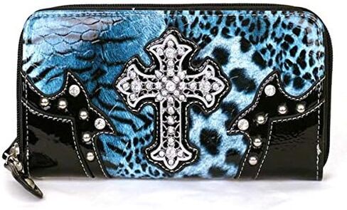 Western Cross Leopard Handbag Rhinestone Pocket Purse With Matching Wallet (BLUE) in Saudi Arabia