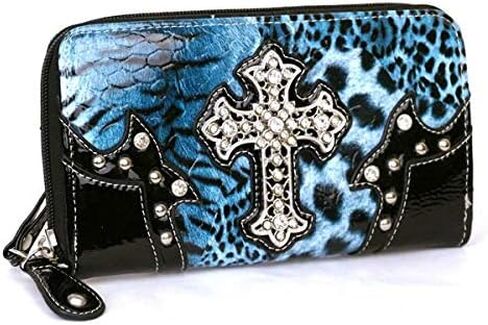 Western Cross Leopard Handbag Rhinestone Pocket Purse With Matching Wallet (BLUE) in Saudi Arabia