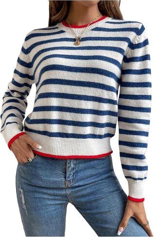 Milumia Women's Striped Print Sweater Round Neck Long Sleeve Knit Pullover Fall Winter Outfit in Saudi Arabia