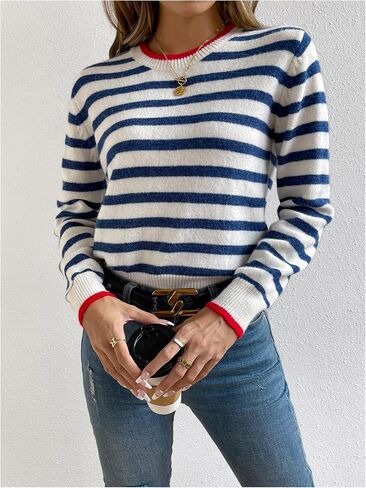 Milumia Women's Striped Print Sweater Round Neck Long Sleeve Knit Pullover Fall Winter Outfit in Saudi Arabia