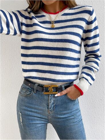 Milumia Women's Striped Print Sweater Round Neck Long Sleeve Knit Pullover Fall Winter Outfit in Saudi Arabia