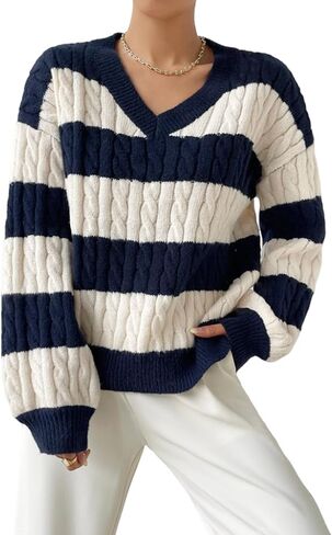 ZAFUL Fall Sweater for Women V Neck Lantern Sleeves Clothes Loose Fit Stripe Knitted Pullover Top 2025 in Saudi Arabia