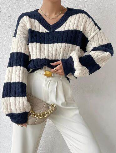 ZAFUL Fall Sweater for Women V Neck Lantern Sleeves Clothes Loose Fit Stripe Knitted Pullover Top 2025 in Saudi Arabia