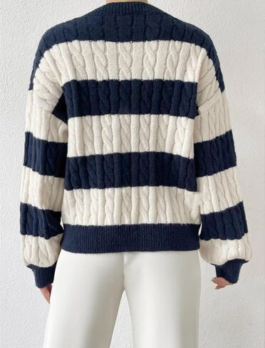 ZAFUL Fall Sweater for Women V Neck Lantern Sleeves Clothes Loose Fit Stripe Knitted Pullover Top 2025 in Saudi Arabia