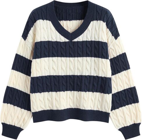 ZAFUL Fall Sweater for Women V Neck Lantern Sleeves Clothes Loose Fit Stripe Knitted Pullover Top 2025 in Saudi Arabia