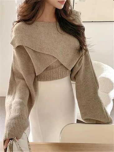 Women's Two Piece Knitted Suit Long Sleeve Pullover and Sleeveless Vest Solid Color Jumpers in Saudi Arabia