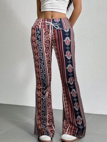 Women's High - Waisted Boho Print Flared Trousers with Drawstring, Comfortable Loose - Fit Casual Pants for Daily Wear in Saudi Arabia