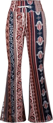 Women's High - Waisted Boho Print Flared Trousers with Drawstring, Comfortable Loose - Fit Casual Pants for Daily Wear in Saudi Arabia