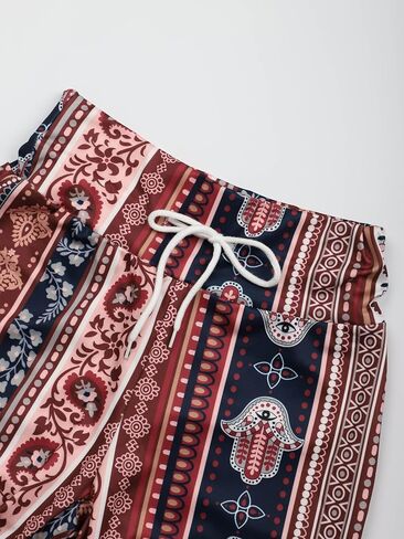 Women's High - Waisted Boho Print Flared Trousers with Drawstring, Comfortable Loose - Fit Casual Pants for Daily Wear in Saudi Arabia