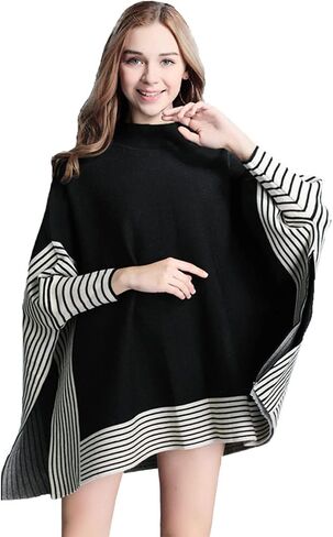 stylesilove Women Autumn Winter Striped Poncho Knit Pullover Mock Neck Sweater Batwing Sleeve Oversized Jumper Top in Saudi Arabia
