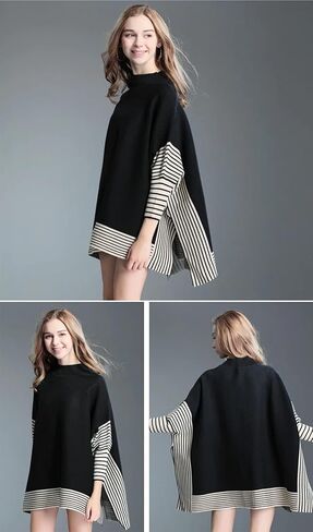 stylesilove Women Autumn Winter Striped Poncho Knit Pullover Mock Neck Sweater Batwing Sleeve Oversized Jumper Top in Saudi Arabia